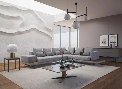 Luxury gray upholstered corner sofa, wood coffee table with side table living room